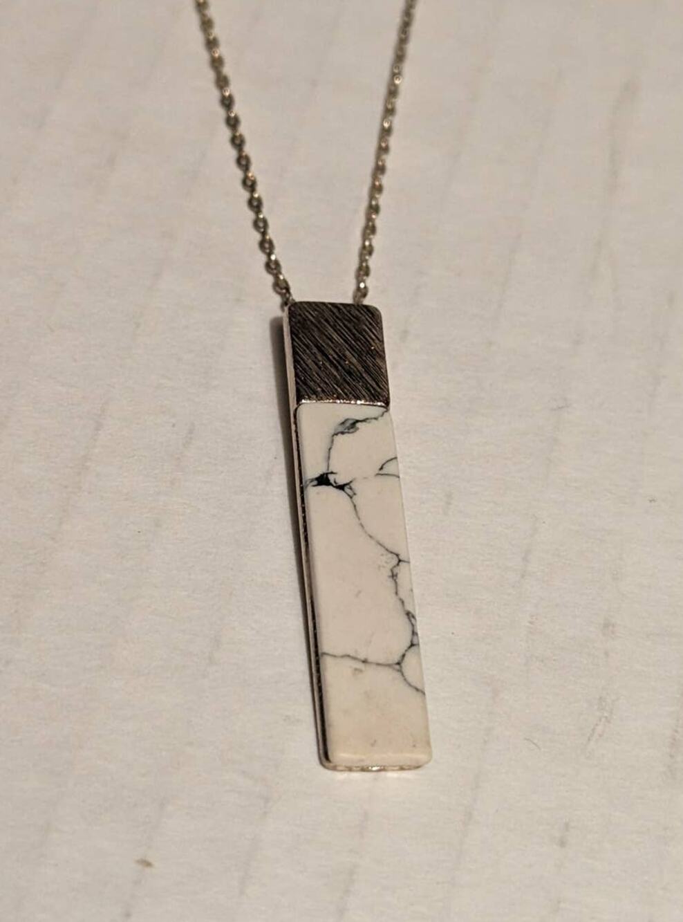 Oliver Bonas Silverplated Howlite Facet White Bar Rectangle Pendant on Chain 35"